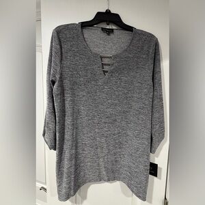 Grey Heather Long Sleeve Knit Top with Ladder Neck